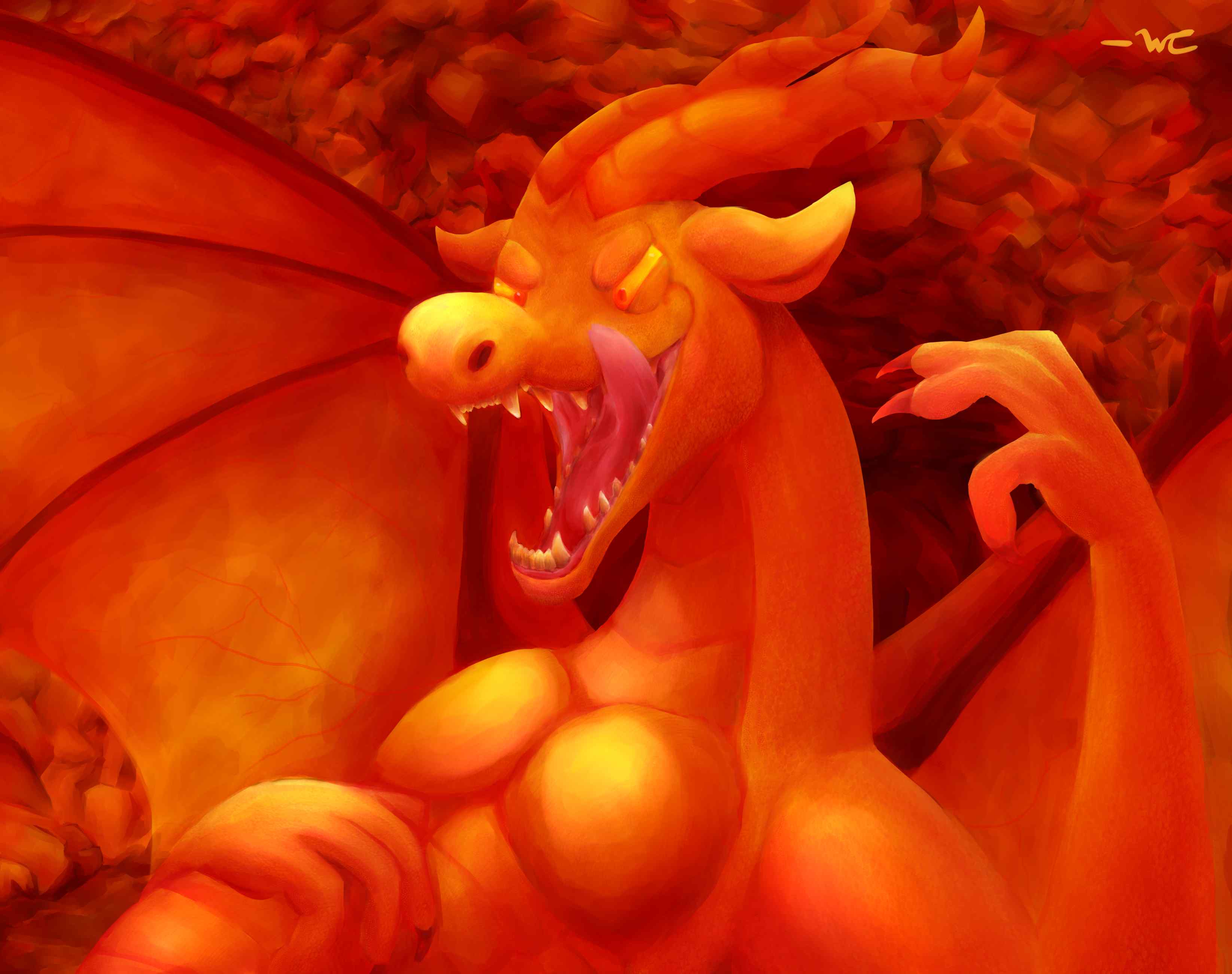 A digital painting. A golden dragon is lied on its back in a cave. It's licking its lips. One hand is on its belly and the other is raised.